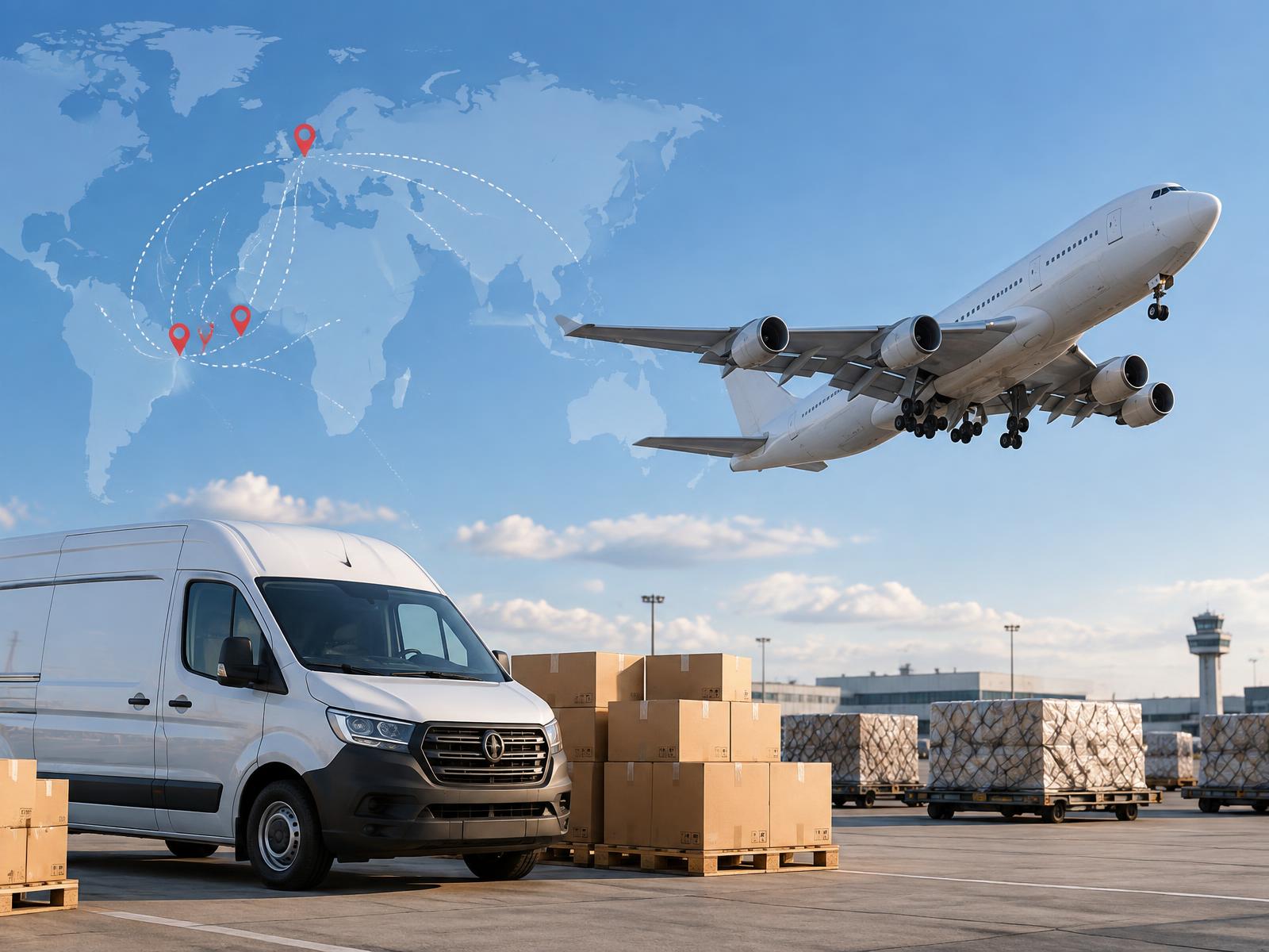 Cargo aircraft, delivery van and packages representing Honey-Mix international logistics